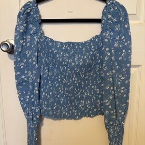 Reformation Blue Floral Smocked Blouse